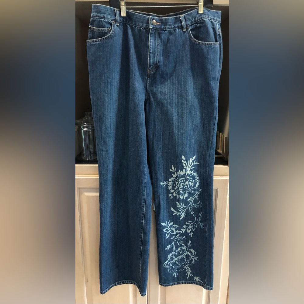 Ralph Lauren Dark Blue Straight Leg Jeans with White Floral Accent 16W
